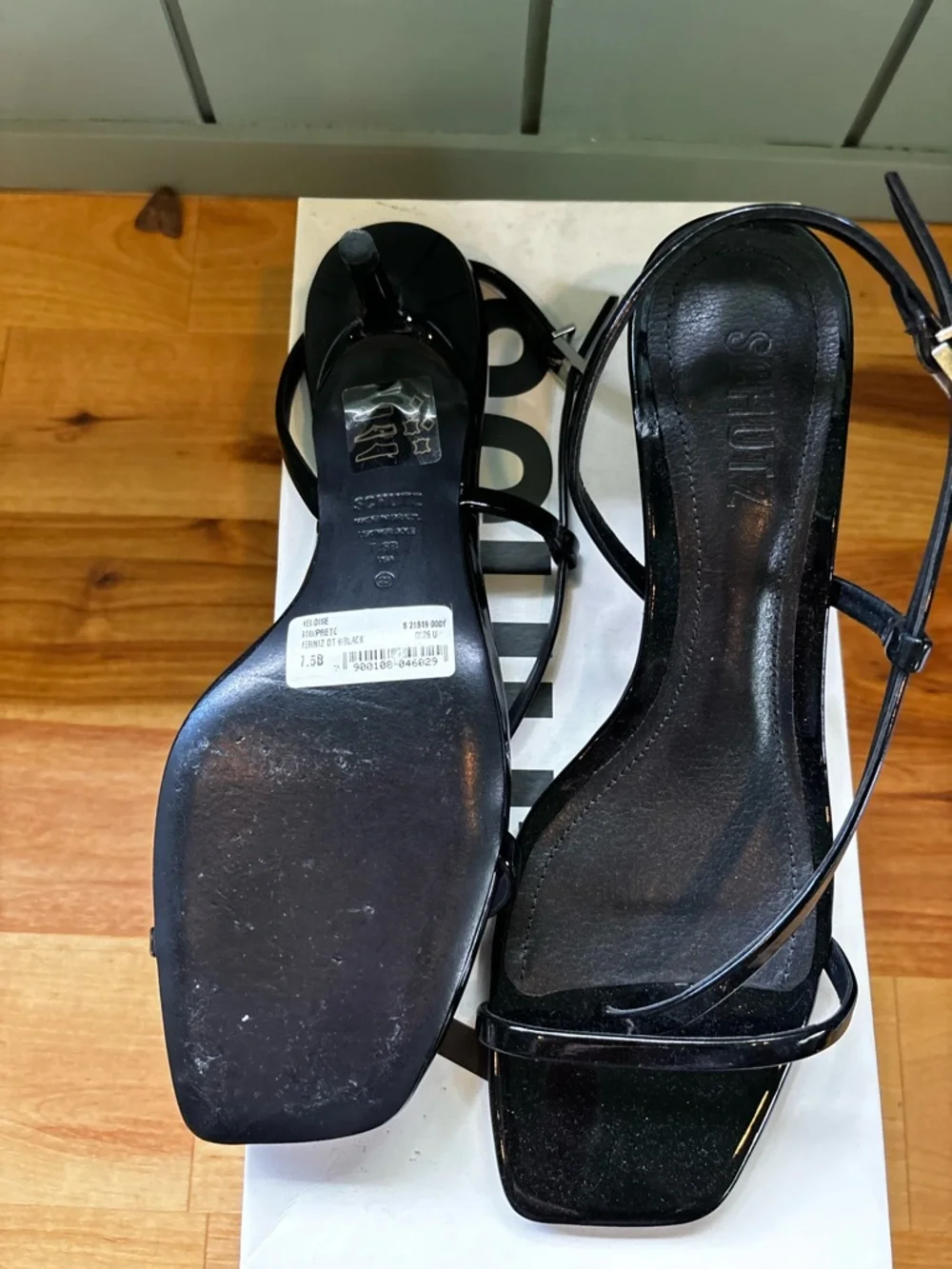 SCHUTZ Heloise Black Patent Minimal Strappy Sandal Square Toe Heel 7.5 NIB - Picture 5 of 7